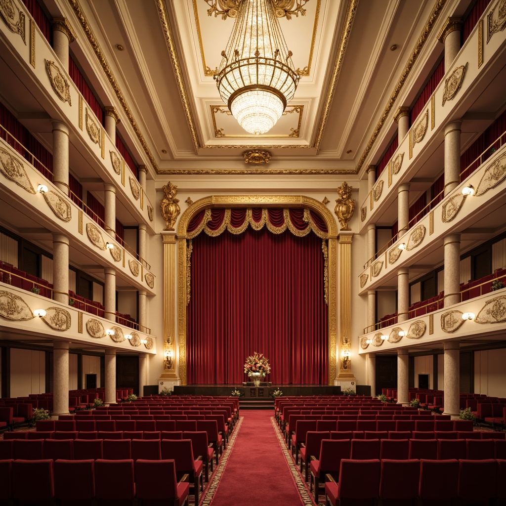 Prompt: \Elegant opera house, grandiose chandeliers, ornate gold accents, rich velvet curtains, majestic marble columns, intricate moldings, sophisticated cream walls, luxurious red carpets, dramatic spotlights, soft warm lighting, shallow depth of field, 1/1 composition, symmetrical architecture, neoclassical details, refined textures, ambient occlusion.\