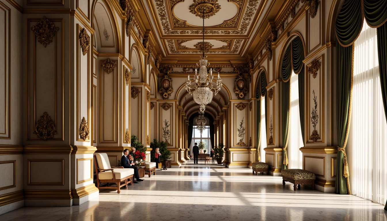 Prompt: Intricate ornate moldings, luxurious gold accents, refined classical architecture, grandiose columns, ornamental plasterwork, sophisticated archways, lavish crystal chandeliers, rich velvet drapes, polished marble floors, elegant furnishings, subtle warm lighting, high-contrast shadows, 1/1 composition, symmetrical framing, realistic textures, ambient occlusion.