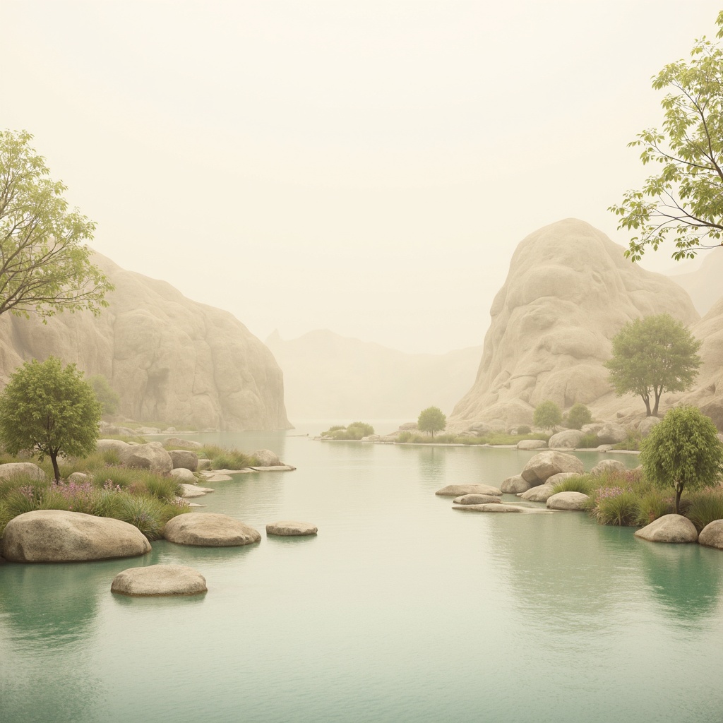 Prompt: Soft pastel hues, calming atmosphere, serene natural scenery, gentle water features, soothing misty effects, warm beige tones, creamy whites, pale blues, muted greens, earthy browns, subtle texture overlays, organic shapes, effortless composition, 1/2 format, shallow depth of field, soft focus, atmospheric lighting, whimsical illustrations.