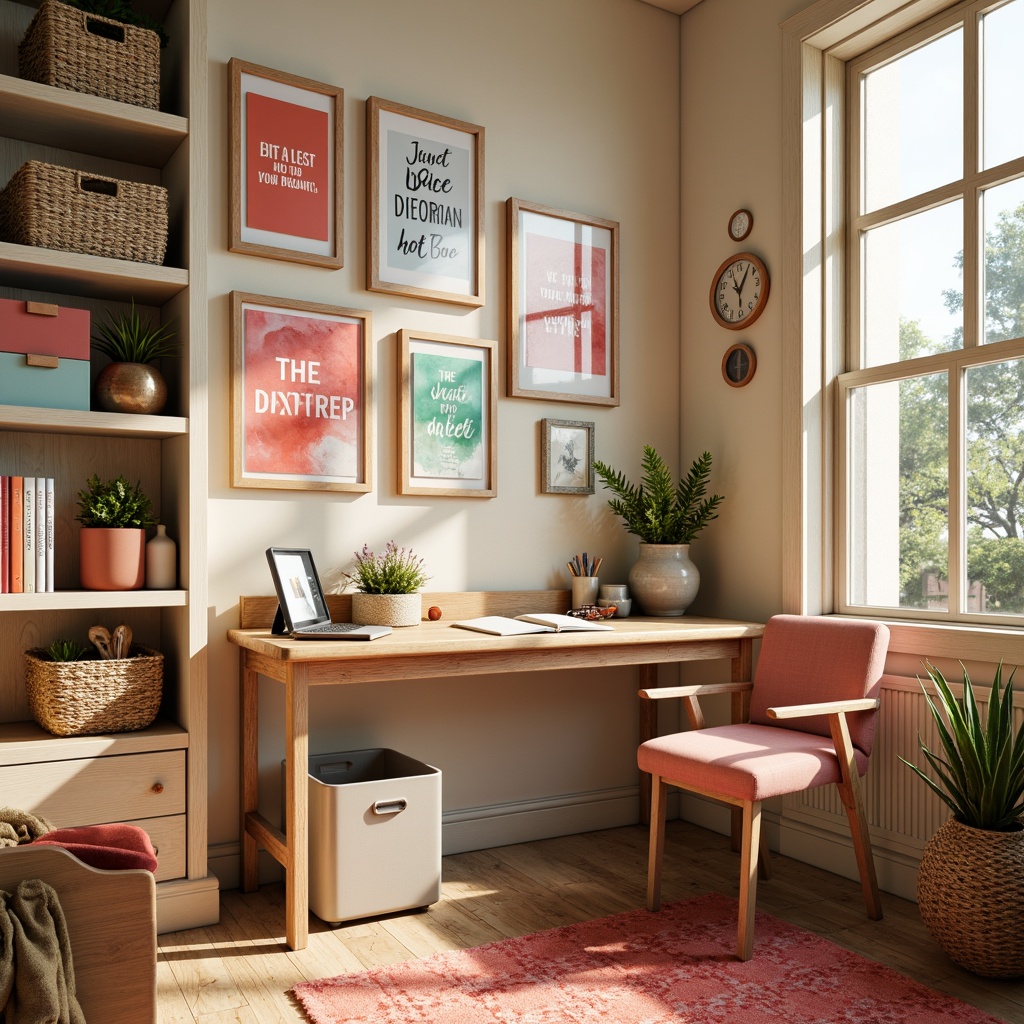 Prompt: Vibrant craft room, warm wooden furniture, pastel-colored storage bins, creative artwork displays, inspirational quotes, natural textiles, woven baskets, softbox lighting, cozy rug, calming beige walls, pops of bright coral, minty fresh accents, earthy terracotta tones, whimsical watercolor patterns, artistic brush stroke textures, 1/2 composition, intimate warm atmosphere, realistic shadowing, ambient occlusion.