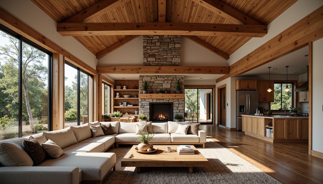 Prompt: Cozy living area, natural wood accents, exposed beams, rustic stone fireplace, plush furnishings, warm earthy tones, abundant natural light, large windows, sliding glass doors, seamless indoor-outdoor transition, open kitchen layout, high ceilings, wooden floors, Craftsman-style cabinetry, farmhouse sink, pendant lighting, island countertops, built-in shelving, comfortable reading nooks, soft warm lighting, shallow depth of field, 2/3 composition, realistic textures, ambient occlusion.