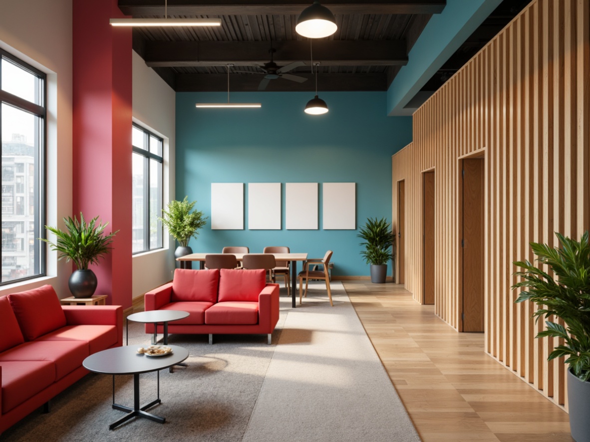 Prompt: Vibrant modern office, sleek minimalist decor, bold accent walls, pastel-colored furniture, metallic finishes, natural wood textures, geometric patterns, ambient warm lighting, shallow depth of field, 1/1 composition, realistic renderings, soft focus blur.