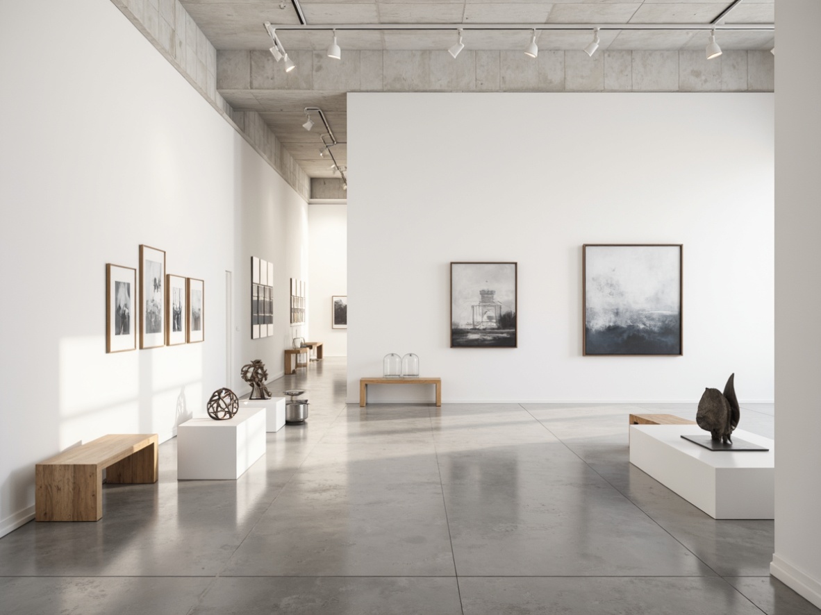 Prompt: White gallery space, minimalistic interior, polished concrete floor, white walls, modern track lighting, simple wooden benches, geometric-shaped art displays, abstract oil paintings, sleek metal sculptures, glass shelves, minimalist decor, natural light pouring in, soft warm ambiance, shallow depth of field, 1/1 composition, realistic textures, ambient occlusion.