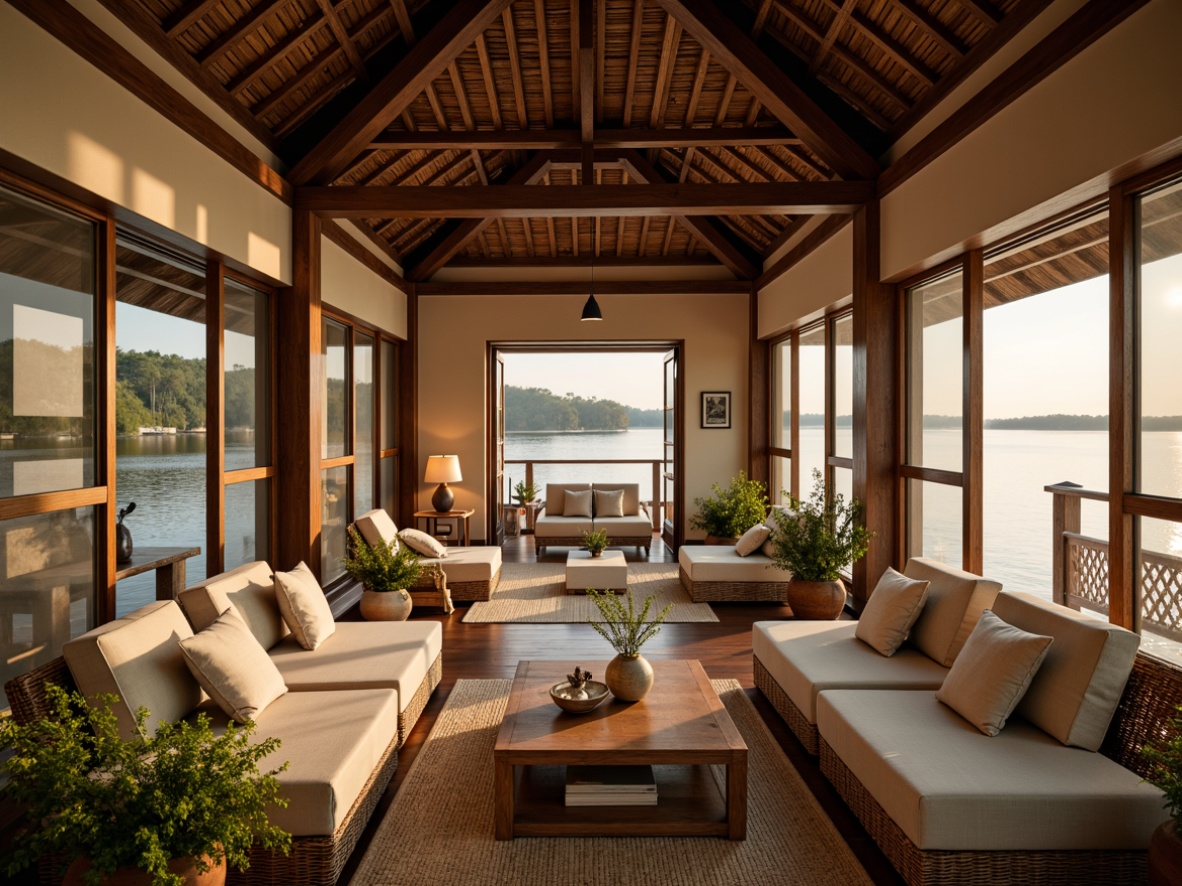 Prompt: Soothing boathouse interior, warm natural wood tones, rich dark woods, calming water views, tranquil Asian-inspired decor, subtle oriental patterns, earthy color palette, beige walls, cream accents, soft golden lighting, woven rattan furniture, plush silk cushions, delicate paper lanterns, lush greenery, serene ambiance, shallow depth of field, 1/1 composition, warm inviting atmosphere.