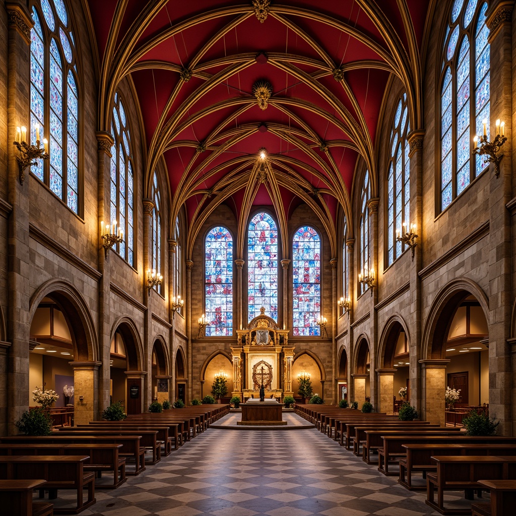 Prompt: Luxurious cathedral interior, ornate golden accents, rich velvet drapes, intricate marble patterns, vibrant stained glass windows, majestic stone columns, grandiose chandeliers, elegant curved lines, symmetrical composition, soft warm lighting, shallow depth of field, 1/1 aspect ratio, realistic textures, ambient occlusion, opulent jewel tones, bold geometric shapes, lavish ornamentation, dramatic archways, sacred symbols, mystical ambiance.