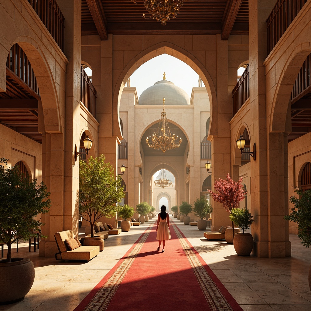 Prompt: Grand cultural center, traditional Islamic architecture, intricately patterned arches, ornate domes, warm golden lighting, soft diffused illumination, subtle color temperature changes, warm beige stone walls, polished marble floors, rich wooden accents, vibrant red carpets, stunning chandeliers, elegant lanterns, dramatic spotlights, ambient Occlusion, realistic textures, 1/1 composition, shallow depth of field, warm afternoon sunlight, serene atmosphere.