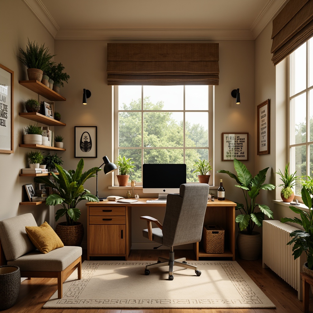 Prompt: Cozy home office, sound-absorbing panels, wooden desk, ergonomic chair, green plants, minimal decor, warm beige walls, natural wood flooring, large window, soft diffused lighting, quiet atmosphere, acoustic foam, geometric patterns, professional equipment, comfortable workspace, organized shelves, inspirational quotes, calming color scheme, 3/4 composition, shallow depth of field, realistic textures.