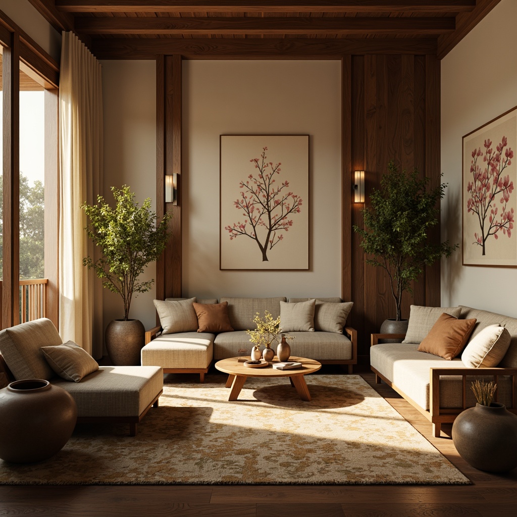 Prompt: Soothing Asian-inspired living room, warm beige walls, rich walnut wood accents, soft silk fabrics, delicate cherry blossom patterns, subtle gold leaf details, gentle lantern lighting, serene Buddha statues, natural fiber rugs, earthy terracotta vases, fragrant incense sticks, peaceful bamboo plants, calm water features, misty morning ambiance, soft warm glow, shallow depth of field, 2/3 composition, intimate close-up shots, realistic textures, ambient occlusion.