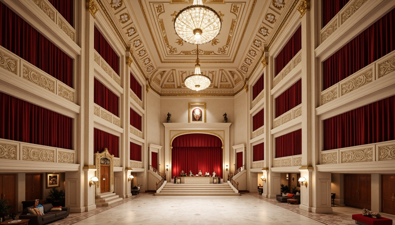 Prompt: Grandiose performing arts center, neoclassical architecture, ornate columns, intricately carved details, majestic marble floors, opulent chandeliers, rich velvet curtains, gilded frames, soft warm lighting, dramatic spotlights, 3/4 composition, shallow depth of field, realistic textures, ambient occlusion, elegant ivory walls, regal red accents, sophisticated neutral tones, luxurious golden ornaments, refined cream-colored ceilings, lavish crystal fixtures.Let me know if you need any further assistance!