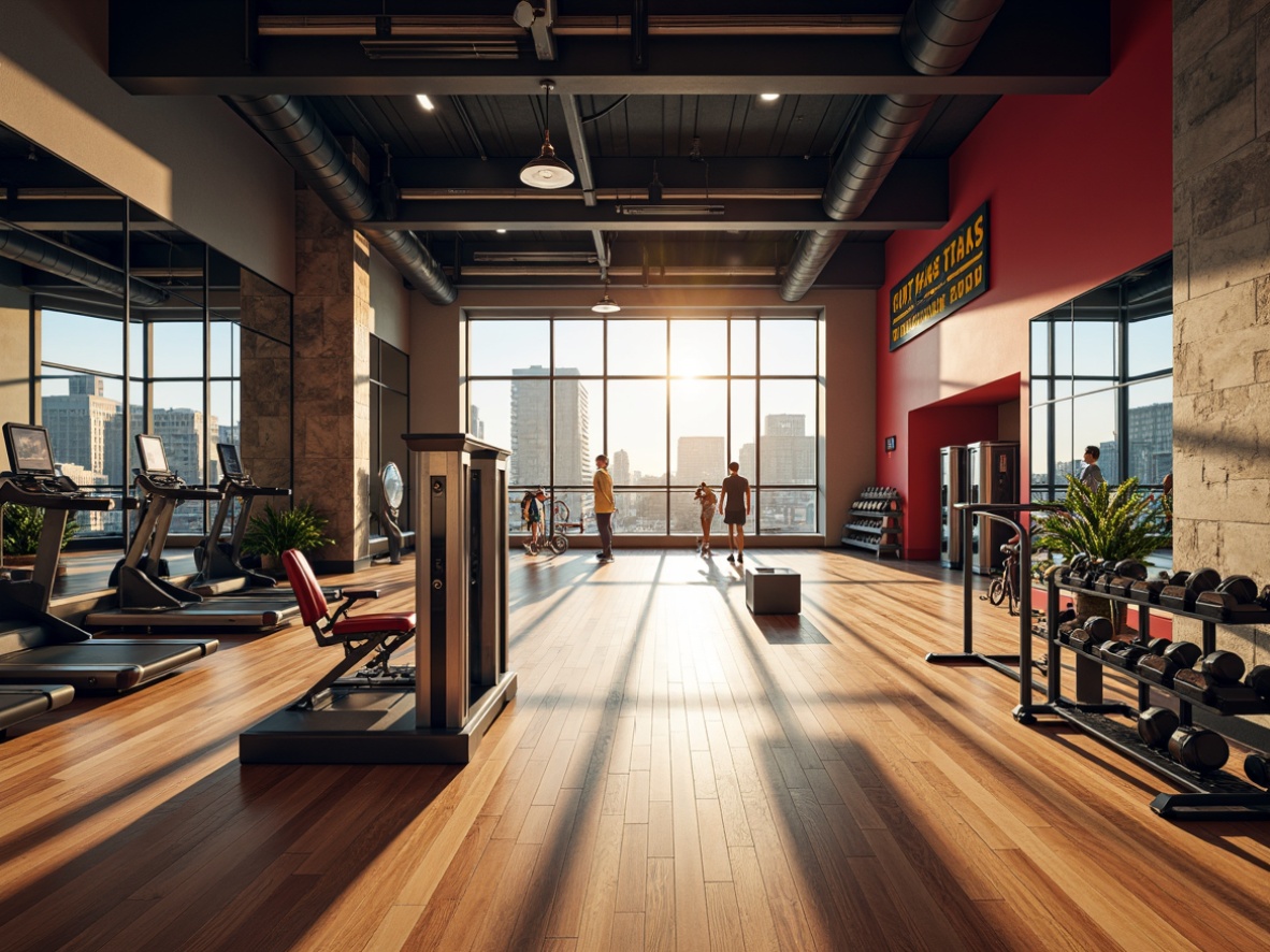 Prompt: Modern fitness club interior, open layout, mirrored walls, polished wood floors, sleek steel equipment, vibrant color accents, motivational quotes, natural stone features, LED lighting, high ceilings, spacious atmosphere, functional zones, cardio area, strength training zone, yoga studio, spinning room, luxurious locker rooms, advanced sound systems, panoramic windows, cityscape views, morning sunlight, soft warm glow, shallow depth of field, 3/4 composition, realistic textures.