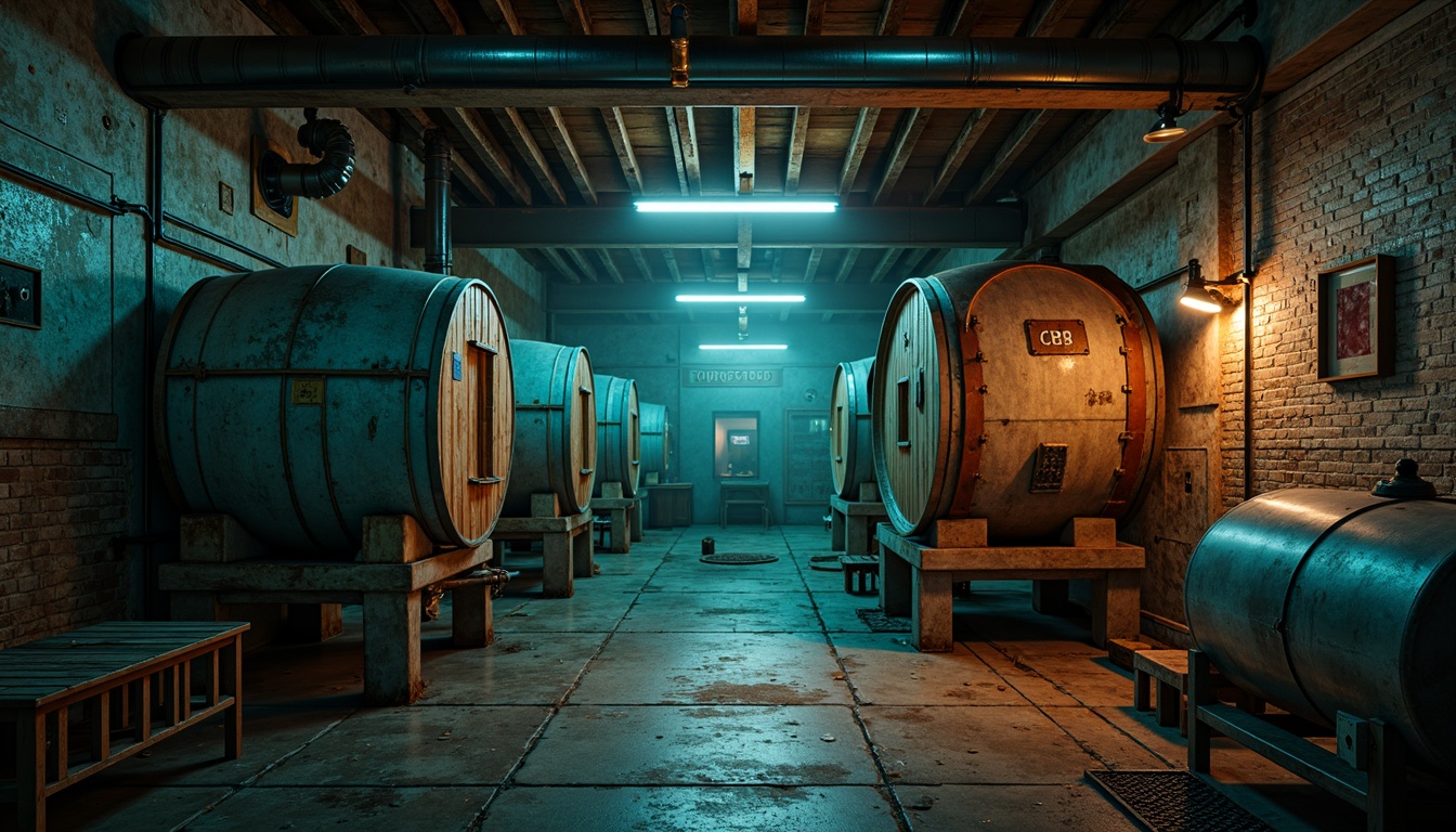 Prompt: \Mysterious storage room, distressed wood textures, rusty metal accents, earthy brown tones, deep blue hues, vibrant turquoise pops, industrial pipe fixtures, exposed brick walls, concrete floors, dim warm lighting, soft focus, atmospheric fog, cinematic composition, 1/2 format, realistic renderings, detailed normal maps.\Let me know if this meets your requirements!