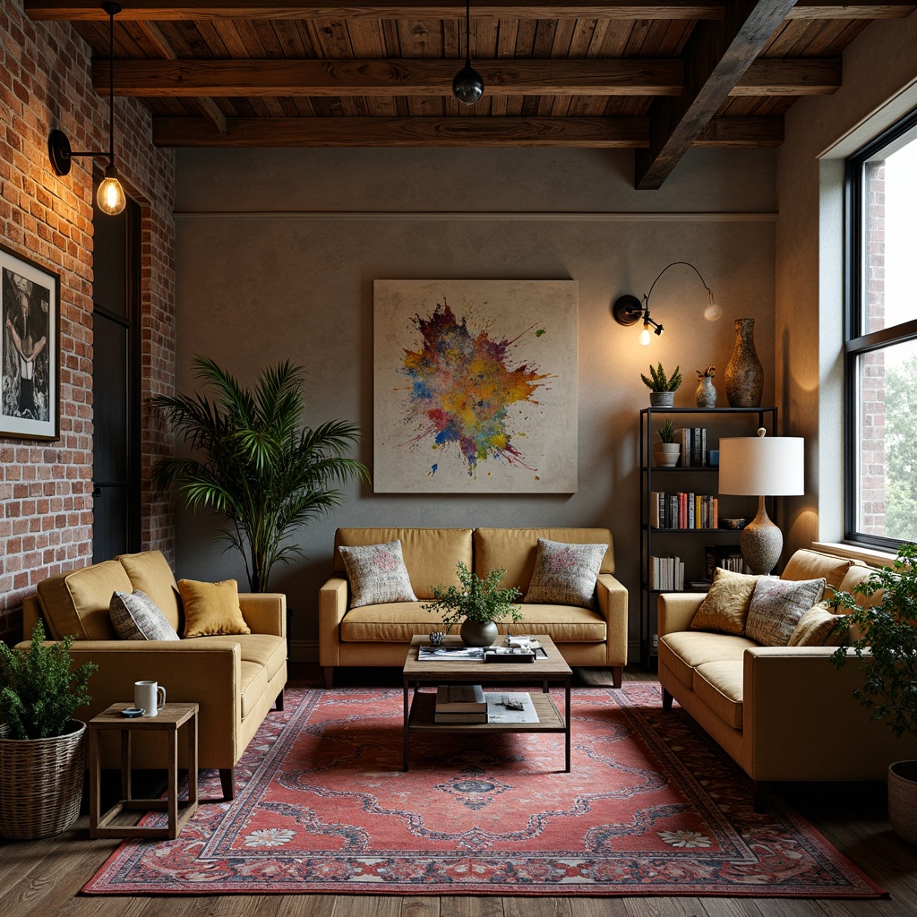 Prompt: Eclectic living room, vintage furniture, mix-and-match decor, industrial-chic lighting fixtures, metal shades, Edison bulbs, rustic wooden accents, distressed brick walls, abstract artwork, colorful rugs, plush throw pillows, warm ambient glow, softbox lighting, 1/2 composition, realistic textures, subtle shadows.