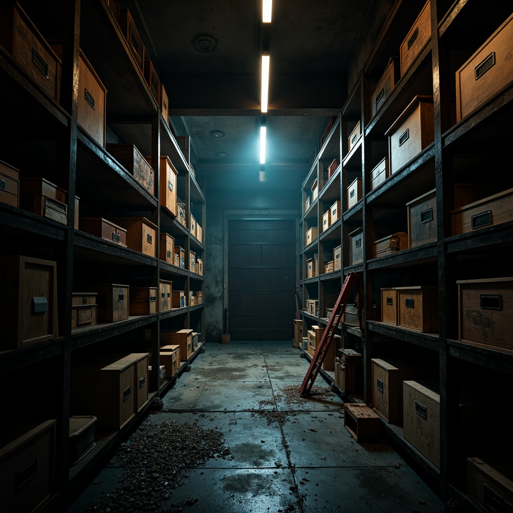 Prompt: Dimly lit storage room, eerie shadows, industrial metal shelves, old wooden crates, mysterious ambiance, intense dramatic lighting, high contrast ratios, bold color schemes, avant-garde fixtures, experimental lamp designs, unconventional materials, distressed textures, abstract patterns, moody color palettes, cinematic atmosphere, low-key illumination, 45-degree angle shots, close-up compositions, selective focus, realistic rendering.