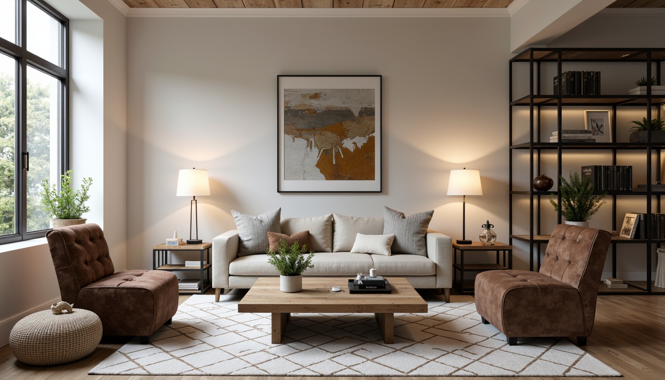 Prompt: Modern living room, sleek low-profile sofa, tufted velvet armchairs, reclaimed wood coffee table, geometric-patterned rug, minimalist metal floor lamps, industrial-chic shelving units, abstract art pieces, neutral color palette, soft warm lighting, 1/1 composition, realistic textures, ambient occlusion.