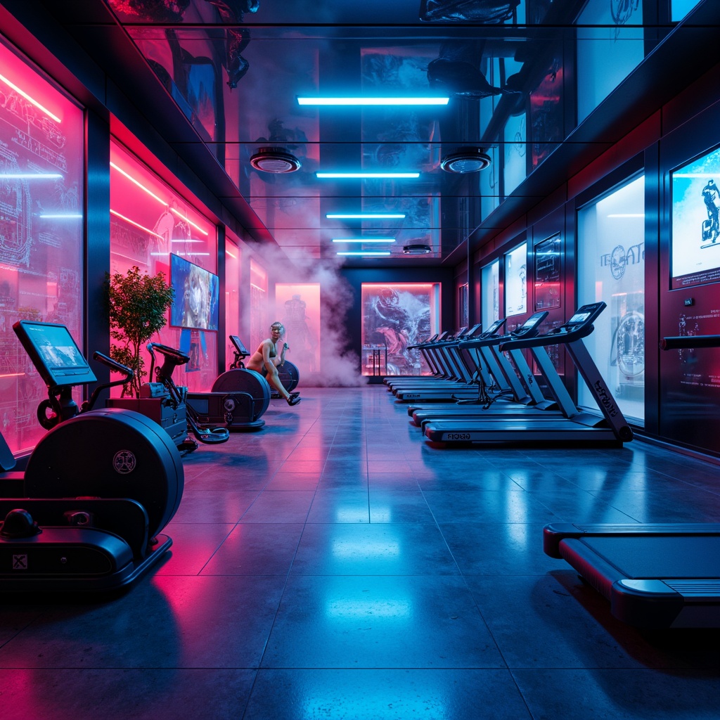 Prompt: Futuristic home gym, neon-lit walls, metallic floors, sleek exercise machines, glowing LED lights, holographic displays, virtual fitness instructors, mirrored ceilings, angular lines, minimalist decor, ambient lighting, soft blue glow, 3/4 composition, shallow depth of field, realistic reflections, atmospheric fog effects, futuristic sound systems, dynamic color schemes, abstract geometric patterns.