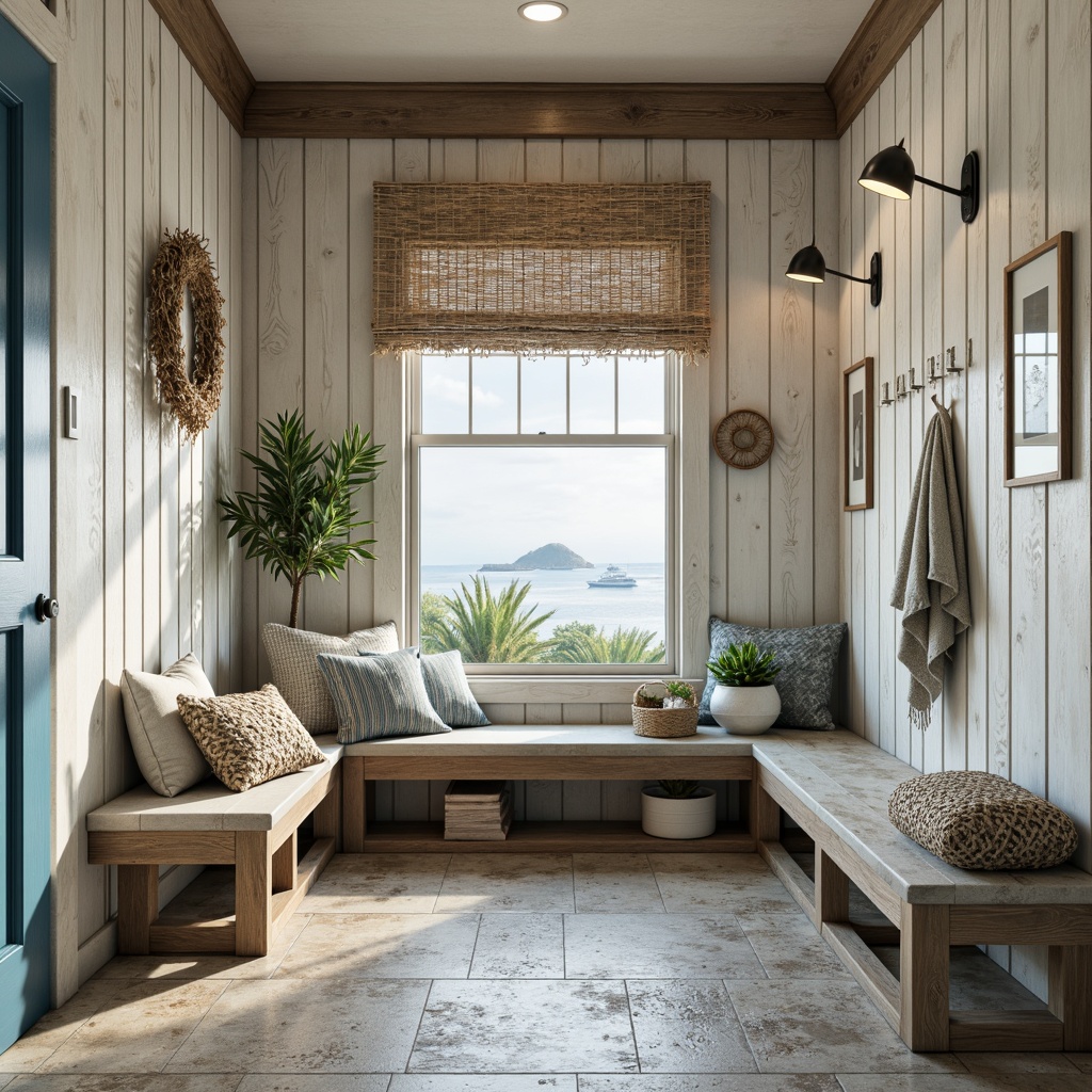 Prompt: Coastal style mudroom, natural stone flooring, weathered wood accents, driftwood-inspired textures, ocean-blue color palette, soft sandy tones, woven sea grass patterns, nautical rope details, distressed finishes, rustic metal hardware, reclaimed wood benches, beachy vibe, warm ambient lighting, shallow depth of field, 1/1 composition, realistic reflections.