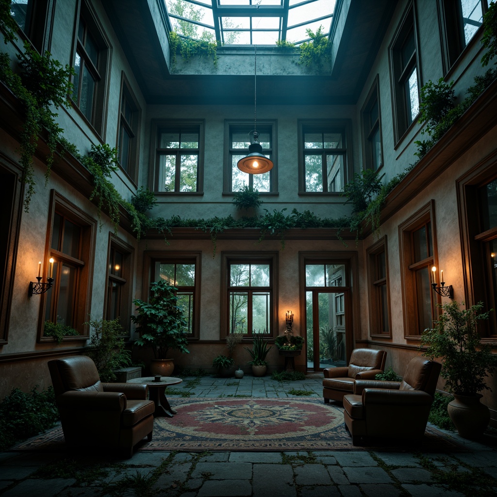 Prompt: \Ominous abandoned mansion, dark mysterious atmosphere, eerie foggy night, crumbling stone walls, overgrown ivy vines, broken stained glass windows, rusted metal doors, dim flickering candles, worn leather furniture, ornate wooden paneling, mysterious ancient artifacts, haunting shadows, low-key lighting, cinematic composition, dramatic contrast, rich textures, ambient occlusion.\Please let me know if this meets your requirements or if you need any adjustments!