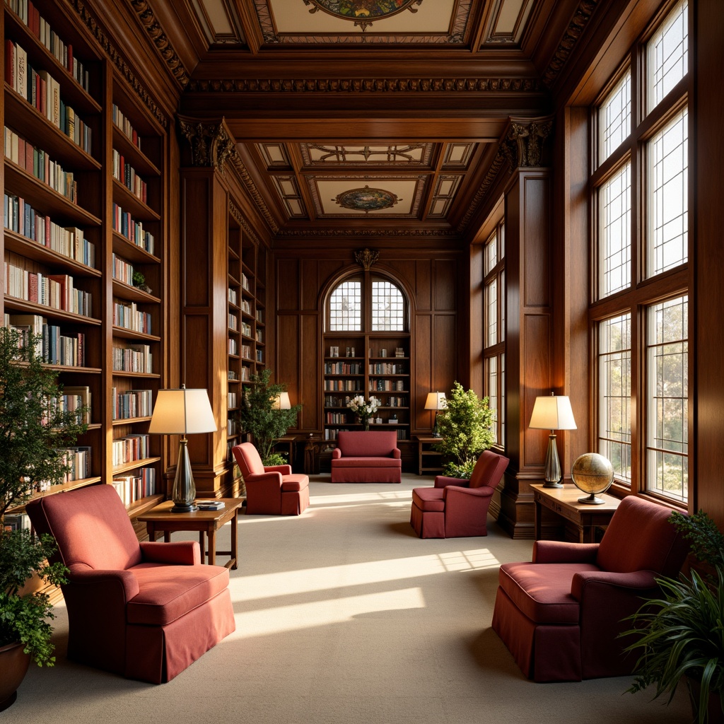 Prompt: Richly stained wooden bookshelves, ornate carvings, classic column details, comfortable reading nooks, plush velvet armchairs, warm floor lamps, soft beige carpeting, elegant crown molding, tall windows with stained glass, traditional library tables, leather-bound books, vintage globe decorations, warm golden lighting, shallow depth of field, 1/2 composition, realistic textures, ambient occlusion.