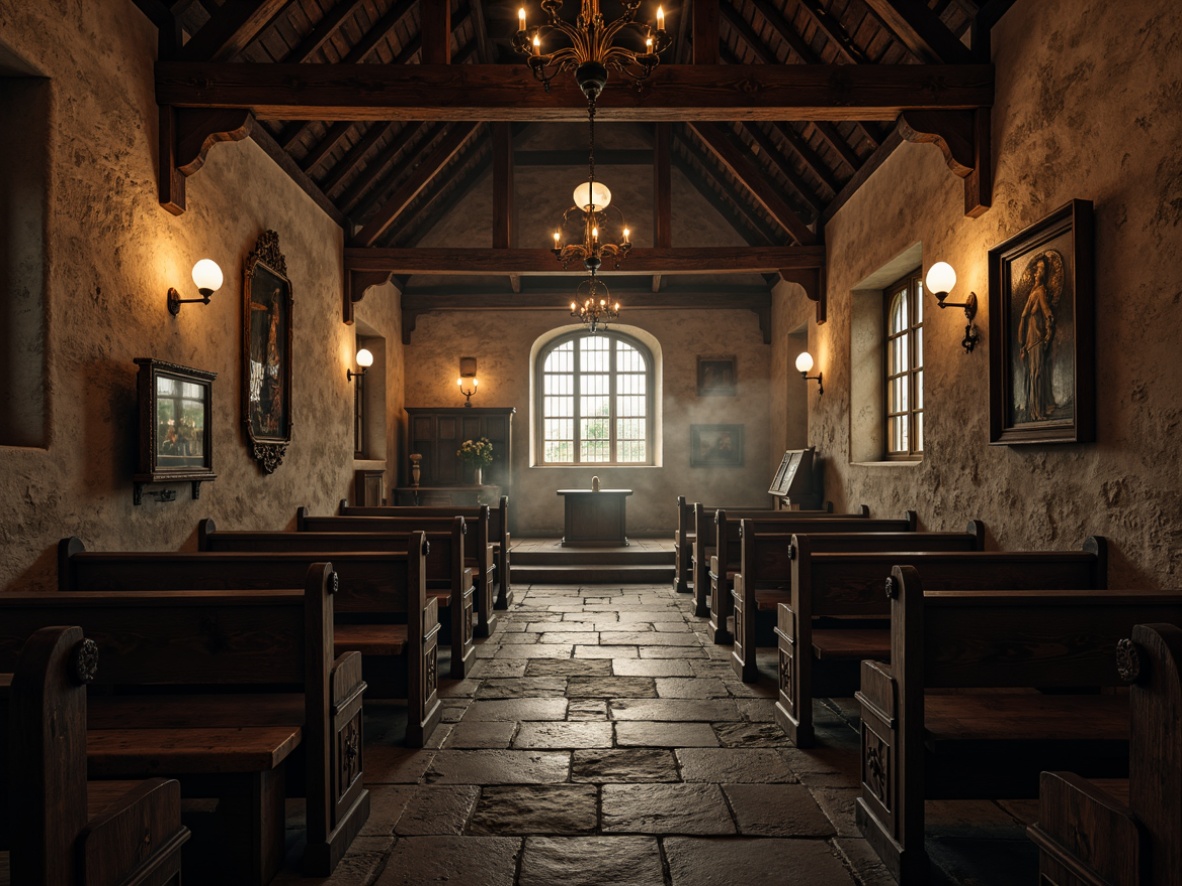 Prompt: Rustic church interior, vaulted ceiling, weathered wooden beams, stone walls, stained glass windows, dim warm lighting, ornate chandeliers, intricately carved pews, worn stone floors, vintage religious artifacts, musty old books, soft diffused light, atmospheric fog, cinematic composition, dramatic shadows, rich textures, nostalgic ambiance.