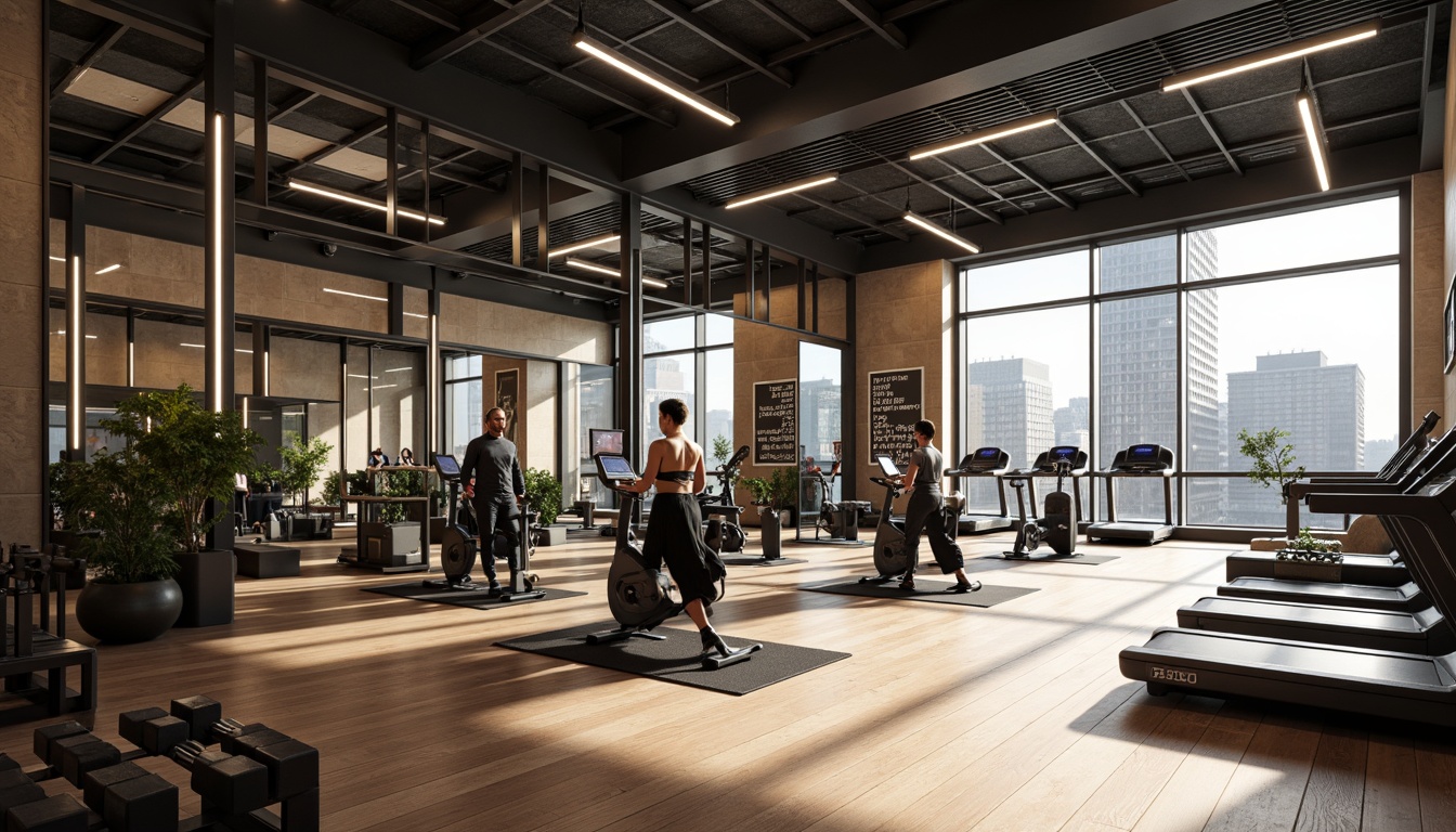 Prompt: Modern fitness studio, sleek metal frames, minimalist design, LED lighting, mirrored walls, wooden flooring, advanced treadmills, ergonomic exercise bikes, adjustable dumbbells, resistance bands, yoga mats, free weights, functional training rigs, sound systems, motivational quotes, urban cityscape views, natural light pouring in, warm color scheme, shallow depth of field, 3/4 composition, realistic textures.