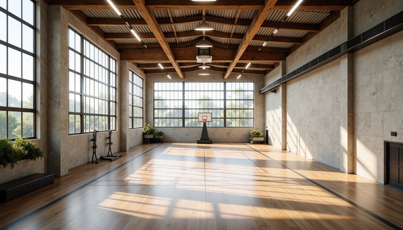 Prompt: Large gymnasium space, natural light pouring in, minimalist architecture, exposed concrete walls, polished wood floors, industrial metal beams, floor-to-ceiling windows, simple color palette, functional equipment, basketball hoops, running tracks, modern LED lighting, soft shadows, high ceilings, open layout, airy atmosphere, subtle textures, realistic reflections, 1/1 composition, warm color tone, shallow depth of field.