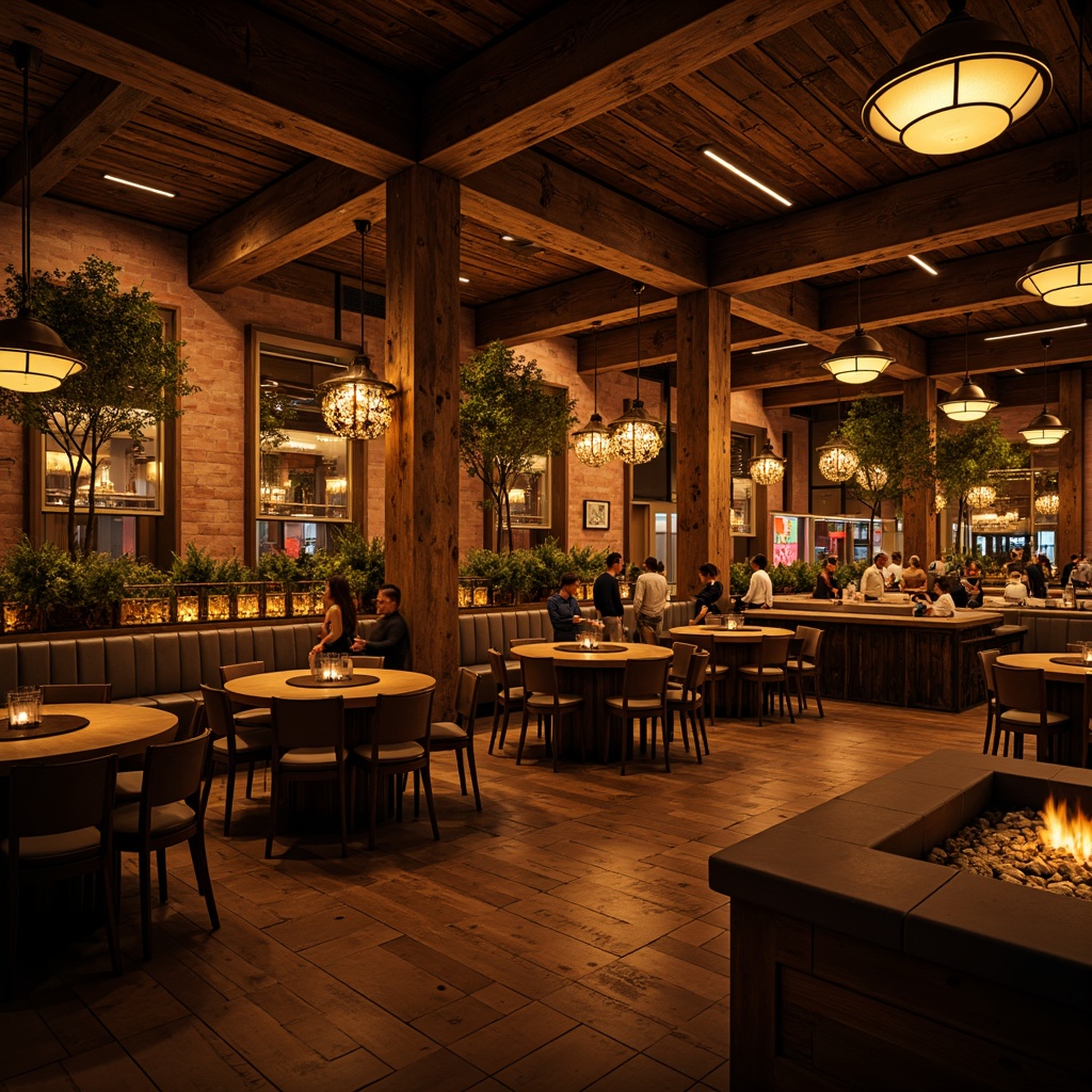 Prompt: Rustic casino interior, distressed wood accents, vintage metal lanterns, warm golden lighting, pendant lamps, candles, fire pit, dimmable LED lights, industrial-chic fixtures, exposed brick walls, reclaimed wood ceilings, earthy color palette, cozy atmosphere, warm ambient glow, softbox lighting, 1/2 composition, cinematic mood, realistic textures, subtle depth of field.