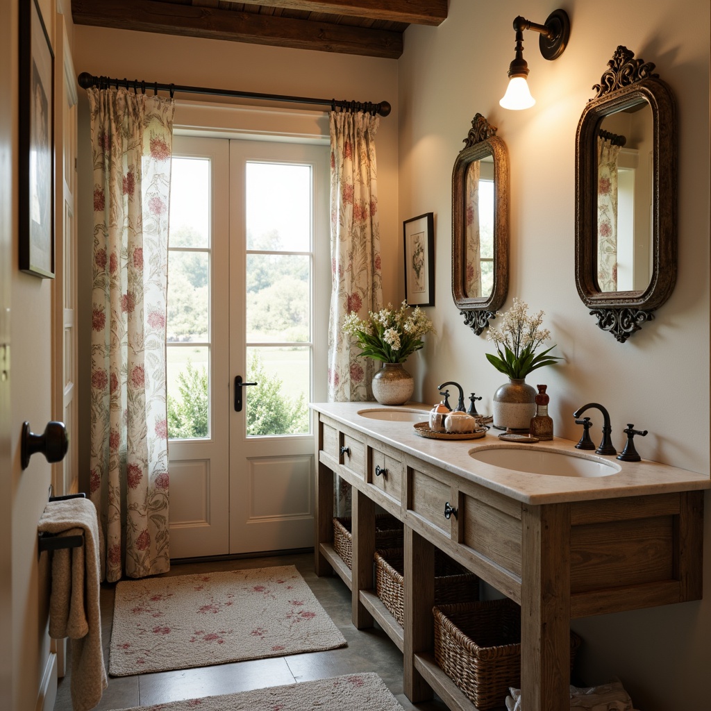 Prompt: Rustic farmhouse powder room, distressed wooden vanity, ornate metal fixtures, soft warm lighting, natural stone flooring, earthy color palette, vintage apothecary jars, antique decorative mirrors, floral patterns, lace curtains, plush area rugs, country-chic decor, feminine touches, delicate porcelain sinks, wall-mounted soap dispensers, woven baskets, botanical prints, warm beige walls, creamy white trim, soft focus, shallow depth of field, 1/2 composition.