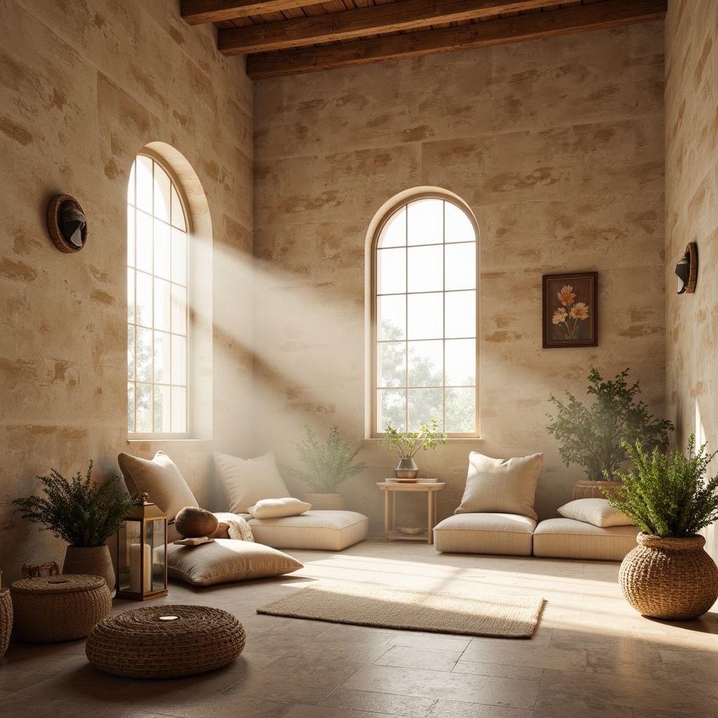 Prompt: Soft warm glow, serene ambiance, gentle rays of sunlight, filtered through stained glass windows, subtle shadows on stone walls, minimalist interior design, natural textures, reclaimed wood accents, earthy color palette, peaceful atmosphere, meditation area, plush cushions, woven baskets, lantern-style lighting, warm beige tones, creamy whites, soft pastels, misty morning light, 1/1 composition, shallow depth of field, realistic render.