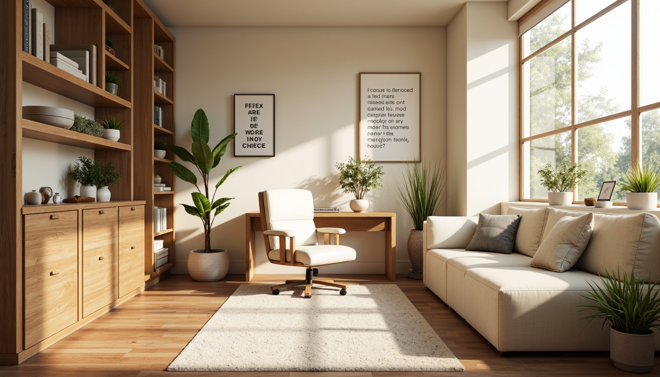 Prompt: Cozy home office, warm beige walls, rich wood accents, soft cream furniture, pastel greenery, natural light pouring in, calm atmosphere, minimal decor, ergonomic chair, organized workspace, inspirational quotes, motivational artwork, subtle texture, soothing ambiance, softbox lighting, shallow depth of field, 1/2 composition, realistic rendering.