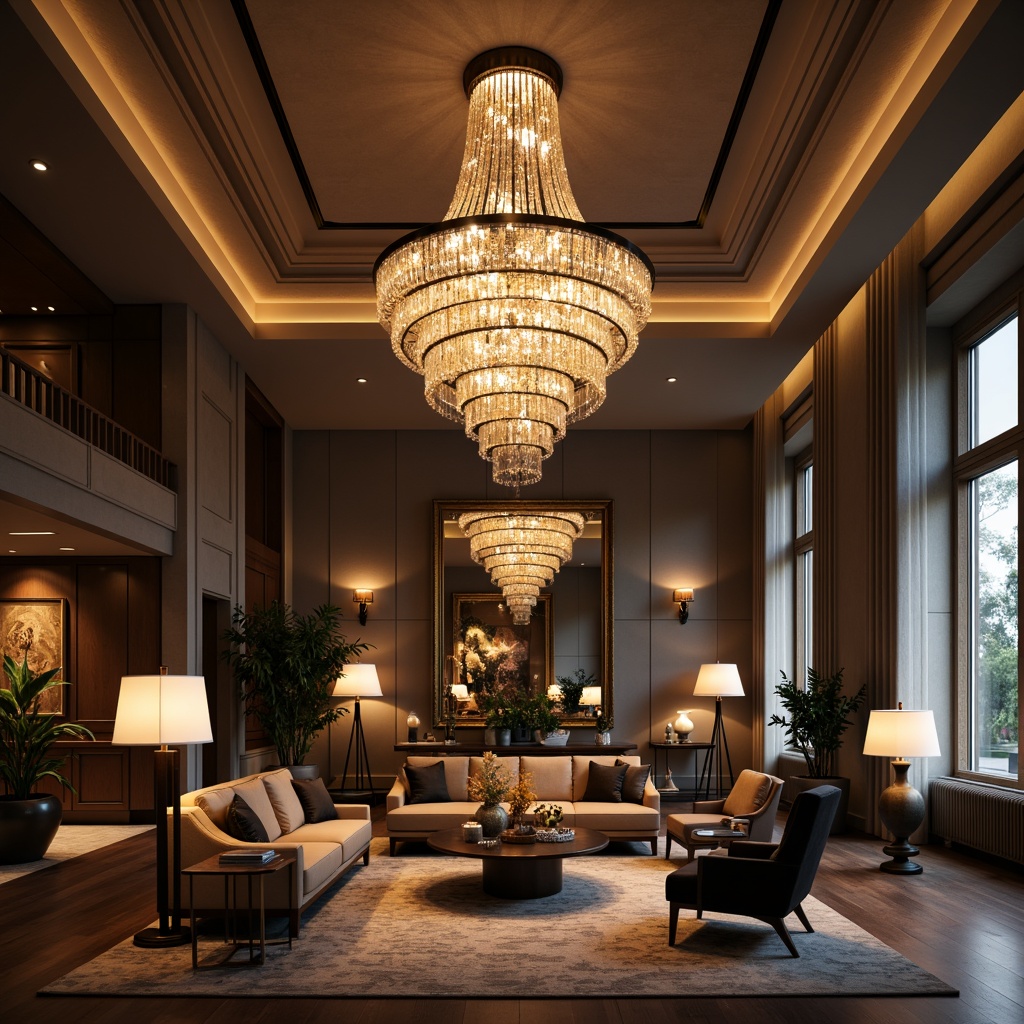 Prompt: Elegant chandeliers, modern pendant lights, sleek floor lamps, ambient table lamps, warm cozy glow, soft diffused lighting, bright task lighting, minimalist ceiling fixtures, ornate wall sconces, luxurious crystal drops, futuristic LED strips, energy-efficient solutions, dimmable switches, automated smart home systems, sophisticated living room, lavish hotel lobby, upscale residential interior, refined commercial space, daylight-inspired color palette, dramatic shadow effects, cinematic mood lighting.