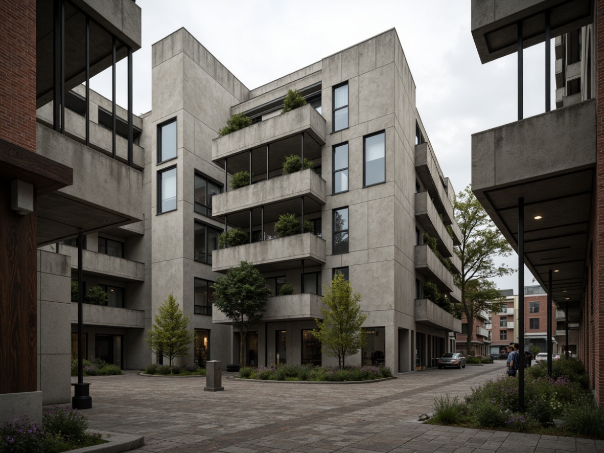 Prompt: Exposed concrete walls, rough-hewn stone foundations, weathered steel beams, distressed wood accents, industrial metal pipes, raw brick facades, rugged stucco textures, brutalist monumentality, fortress-like structures, dramatic cantilevered roofs, imposing scale, muted color palette, ambient shadowing, high-contrast lighting, cinematic composition, symmetrical framing, gritty urban context, overcast skies, diffuse natural light, realistic wear and tear.