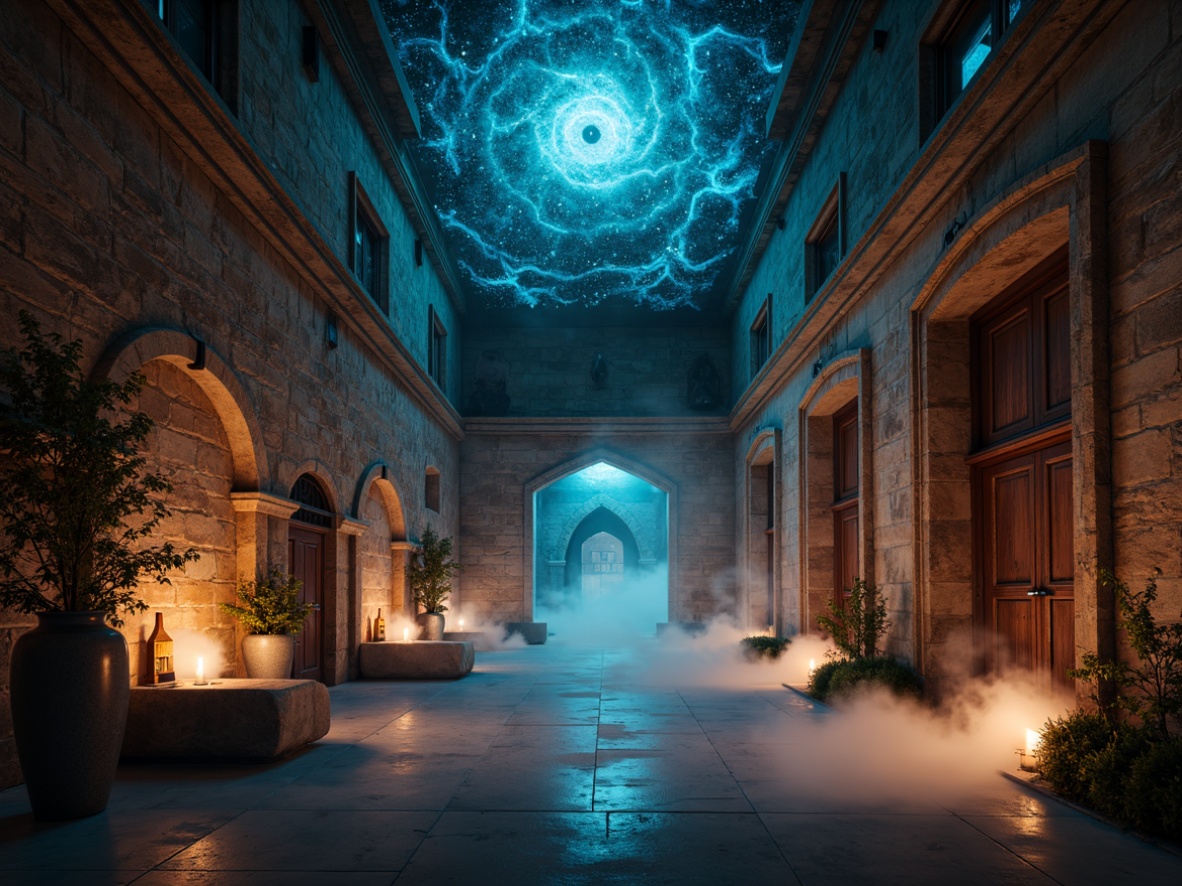 Prompt: Ancient monastery ruins, mystical fog, warm candlelight, worn stone walls, mysterious archways, futuristic neon accents, holographic aurora, metallic silver tones, rich brown wood, eerie blue mist, sacred geometric patterns, celestial starry night, soft ambient glow, shallow depth of field, 1/1 composition, symmetrical framing, ethereal atmosphere, subtle particle effects.