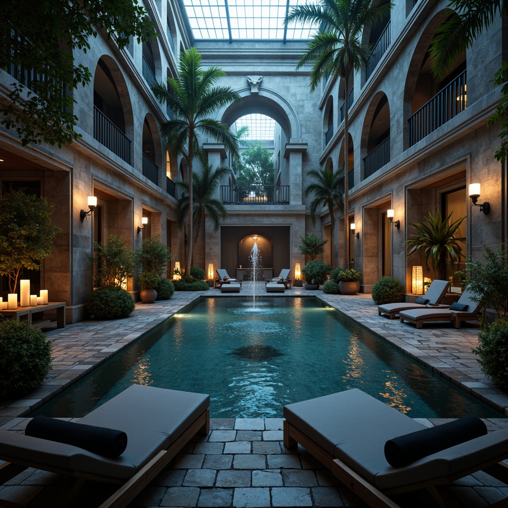 Prompt: Elegant gothic swimming pool, ornate stone carvings, mysterious dark waters, twinkling string lights, grandiose archways, dramatic waterfalls, luxurious lounge chairs, velvety black towels, mystical lanterns, intricate ironworks, lavish fountains, misty atmosphere, shallow depth of field, cinematic lighting, symmetrical composition, rich textures, ambient occlusion.