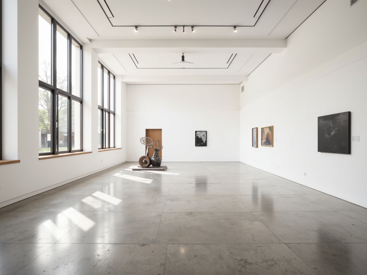 Prompt: Minimalist art gallery, open space, white walls, polished concrete floors, natural light pouring in, floor-to-ceiling windows, sleek metal frames, sparse decorations, geometric-shaped exhibits, modern sculptures, monochromatic color scheme, subtle shadows, soft warm lighting, shallow depth of field, 1/1 composition, panoramic view, realistic textures, ambient occlusion.