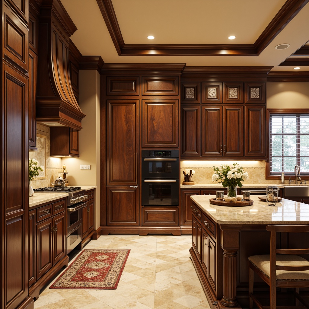 Prompt: Luxurious kitchen, rich wood tones, ornate carvings, soft-close drawers, premium hardware, quartz countertops, elegant lighting fixtures, warm beige walls, plush area rugs, natural stone flooring, modern appliances, sophisticated color schemes, high-gloss finishes, intricate moldings, ornamental trimwork, ambient under-cabinet lighting, 1/1 composition, realistic wood textures, shallow depth of field.