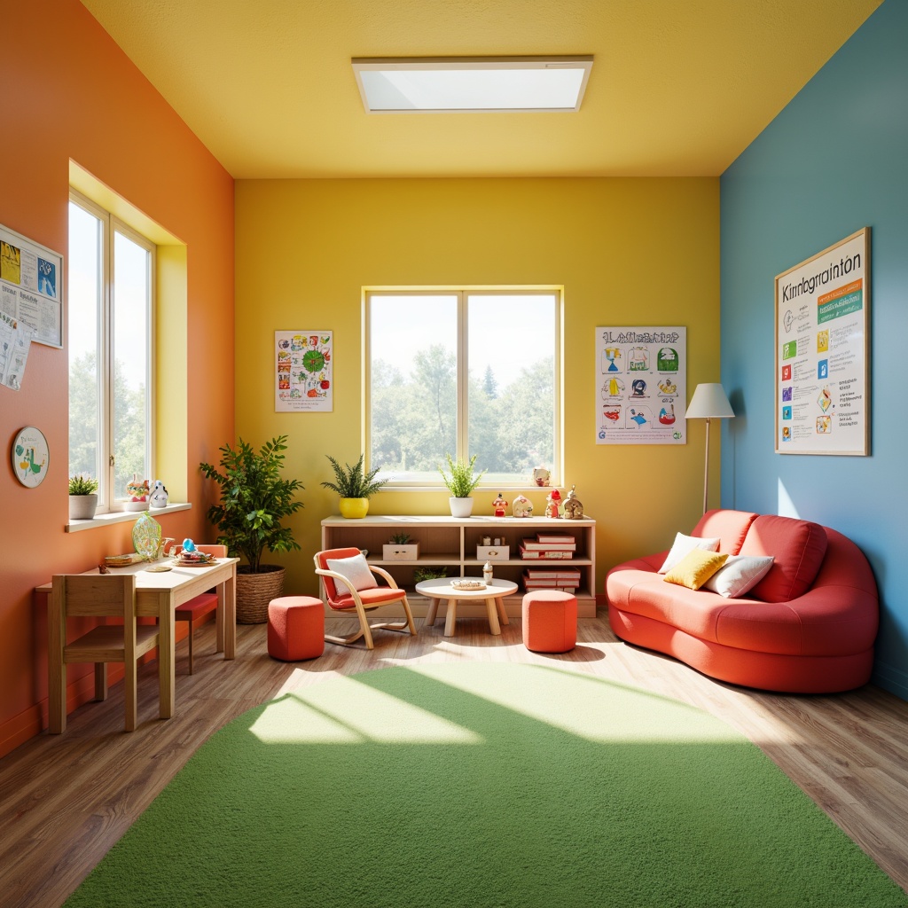 Prompt: Vibrant kindergarten interior, warm yellow walls, soft blue accents, playful red furniture, gentle green carpets, whimsical illustrations, educational charts, colorful blocks, wooden toys, natural wood textures, rounded shapes, cozy reading nooks, circular tables, tiny chairs, softbox lighting, shallow depth of field, 1/1 composition, realistic renderings, ambient occlusion.