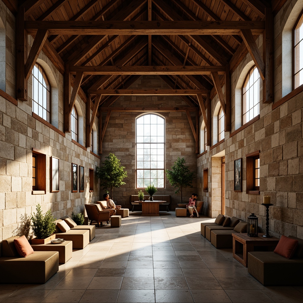 Prompt: Rustic church interior, open floor plan, wooden beams, stone walls, stained glass windows, natural light pouring in, earthy tone color palette, reclaimed wood accents, metal lanterns, cozy seating areas, communal gathering spaces, minimalist decor, warm ambiance, soft warm lighting, shallow depth of field, 1/1 composition, realistic textures, ambient occlusion.