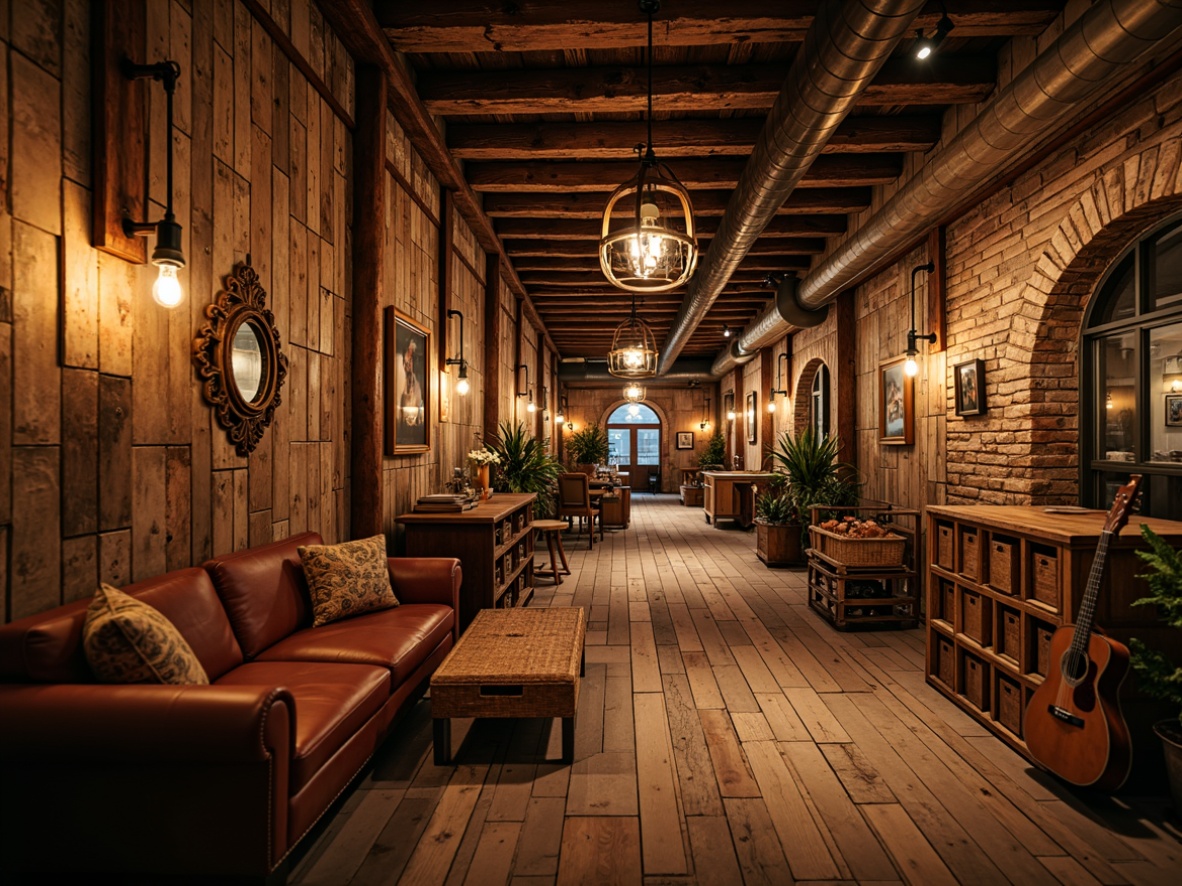 Prompt: Rustic music venue interior, distressed wood planks, reclaimed wooden walls, rough-hewn stone facades, earthy tone color palette, warm ambient lighting, vintage musical instruments, wooden crates, old lanterns, brick archways, natural textiles, woven baskets, wooden floorboards, metal accents, Edison bulbs, industrial pipes, worn leather furniture, cozy nooks, intimate performance spaces, soft warm glow, shallow depth of field, 3/4 composition, realistic textures.