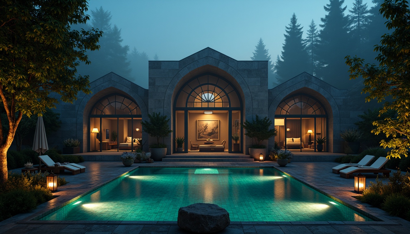 Prompt: Mysterious gothic poolhouse, eerie twilight ambiance, ornate stone carvings, grandiose archways, misty fog effects, dark turquoise waters, intricate mosaic patterns, golden accents, luxurious loungers, mysterious lanterns, ominous cypress trees, surrounding foggy landscape, dramatic spotlighting, high contrast ratio, 1/1 composition, symmetrical framing.