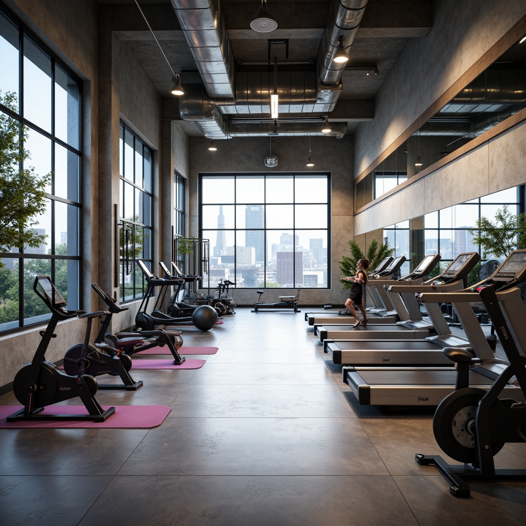 Prompt: Modern fitness studio, industrial-chic decor, polished concrete floors, mirrored walls, sleek metal equipment, ergonomic designs, low-impact flooring, natural light, minimalist color scheme, state-of-the-art treadmills, adjustable dumbbells, functional training rigs, high-tech exercise bikes, yoga mats, medicine balls, resistance bands, floor-to-ceiling windows, urban views, soft ambient lighting, 3/4 composition, shallow depth of field.