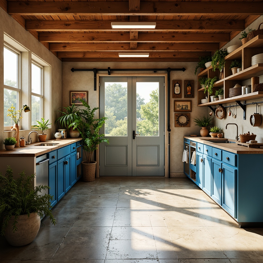 Prompt: Vibrant family garage, warm beige walls, rich wood accents, bold blue cabinets, rustic metal shelves, industrial-style lighting, polished concrete floors, natural stone countertops, earthy greenery, sunny afternoon light, soft shadows, shallow depth of field, 1/1 composition, realistic textures, ambient occlusion.