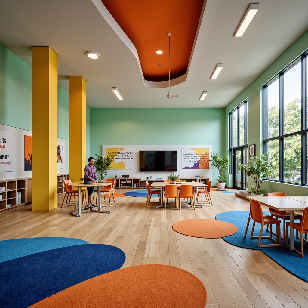 Prompt: Vibrant modern school interior, bold color accents, geometric shapes, sleek furniture, polished wooden floors, natural light, floor-to-ceiling windows, collaborative learning spaces, modular desks, ergonomic chairs, interactive whiteboards, educational graphics, inspirational quotes, motivational posters, calming green walls, stimulating yellow columns, soothing blue carpets, energetic orange accents, playful patterned rugs, minimalist decor, functional storage units, soft warm lighting, shallow depth of field, 3/4 composition, panoramic view.