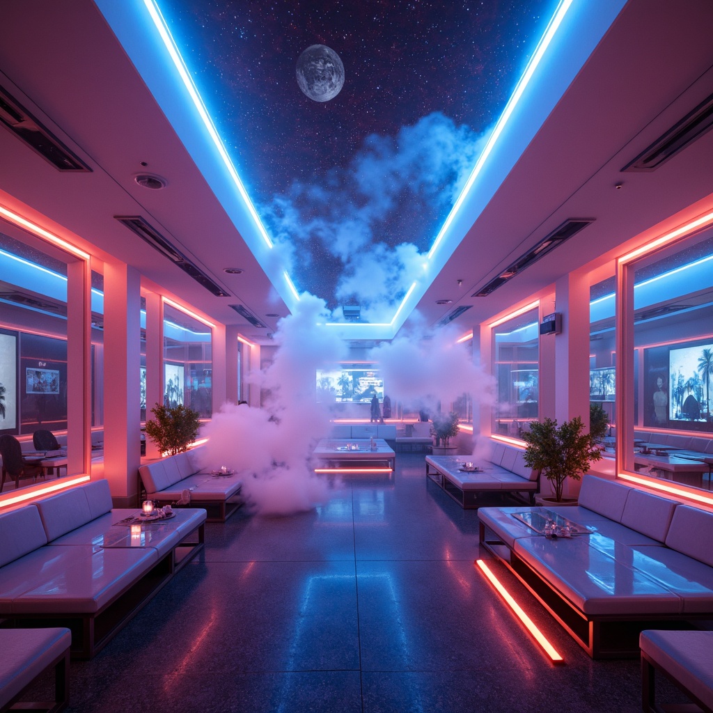 Prompt: Futuristic interior, neon-lit ambiance, soft glowing accents, LED strips, holographic projections, ambient occlusion, cinematic lighting, high-contrast shadows, futuristic furniture, sleek metallic surfaces, glass tables, levitating chairs, minimalist decor, space-age aesthetic, atmospheric fog, ethereal mist, vibrant color schemes, programmable lighting systems, dynamic luminance, 3D-printed light fixtures, iridescent materials, luminescent ceilings, starry night sky, zero-gravity atmosphere.