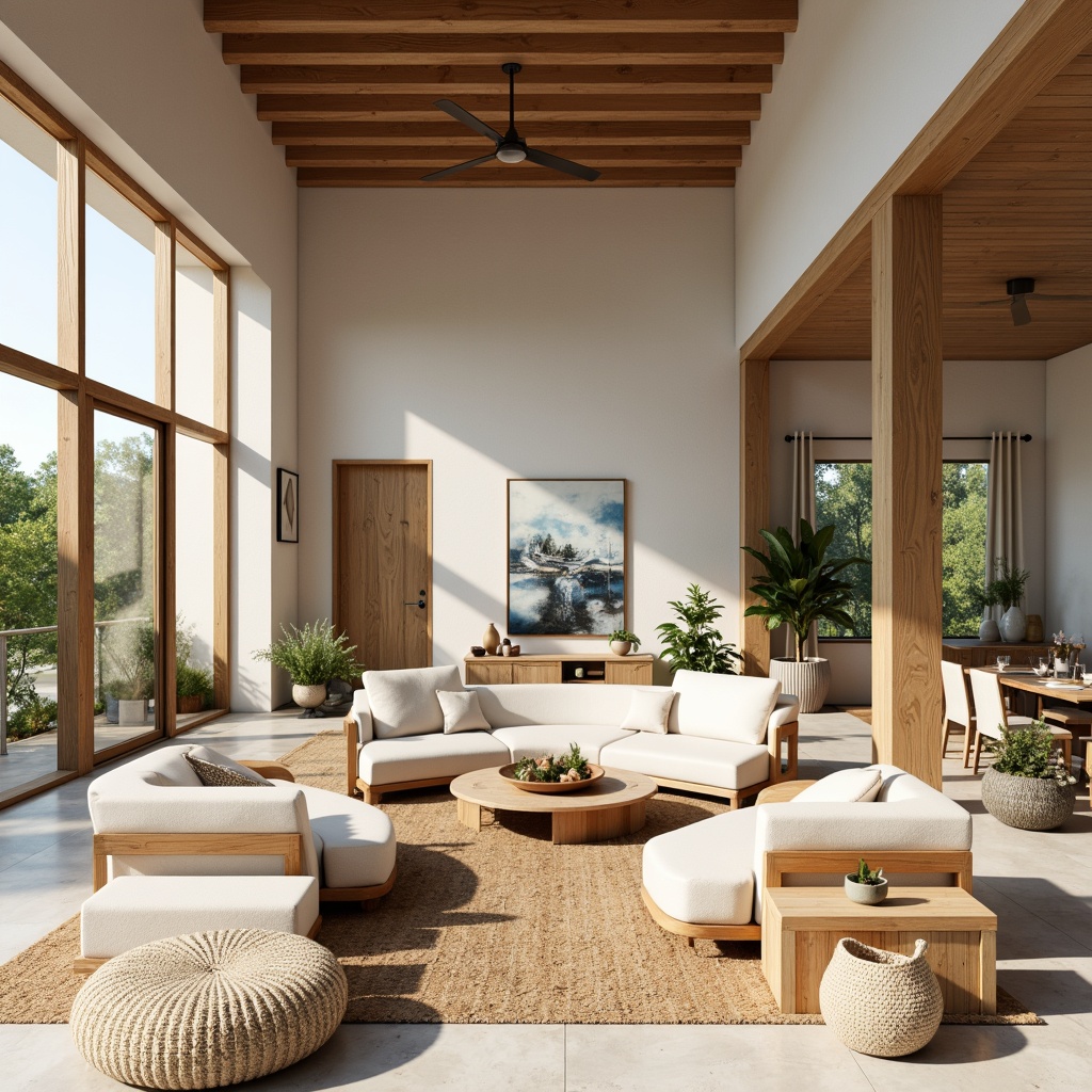 Prompt: Soft warm beige, creamy whites, rich wood tones, earthy terracotta, calming blues, muted greens, metallic gold accents, natural textures, organic shapes, modern minimalist decor, airy open spaces, abundant natural light, shallow depth of field, 1/1 composition, panoramic view, realistic reflections, ambient occlusion.