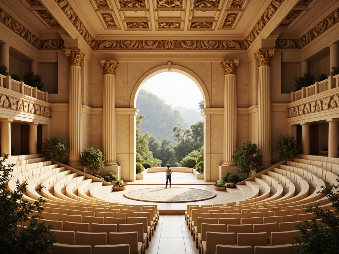 Prompt: Grand amphitheater, ancient Greek inspiration, curved tiered seating, ornate marble columns, intricate stone carvings, elegant archways, warm golden lighting, soft cream-colored upholstery, velvet drapes, lavish floral arrangements, polished bronze accents, refined classical architecture, subtle symmetrical composition, shallow depth of field, 1/2 composition, atmospheric misty effects, realistic textures, ambient occlusion.