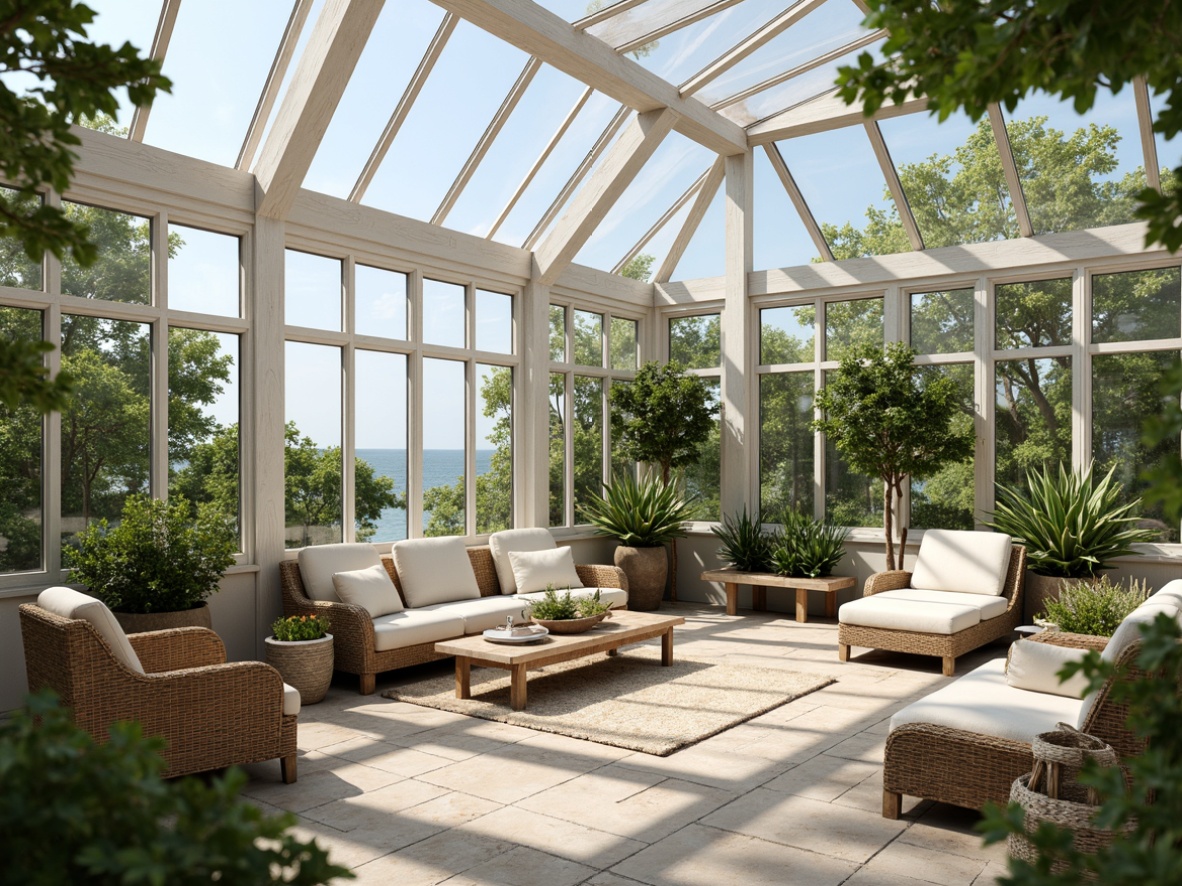 Prompt: Coastal style greenhouse, abundant natural light, transparent glass roof, whitewashed wooden frames, lush greenery, tropical plants, driftwood decor, nautical ropes, woven wicker furniture, ocean-inspired color palette, soft beige tones, calming atmosphere, warm sunny day, gentle sea breeze, shallow depth of field, 1/2 composition, realistic textures, ambient occlusion.