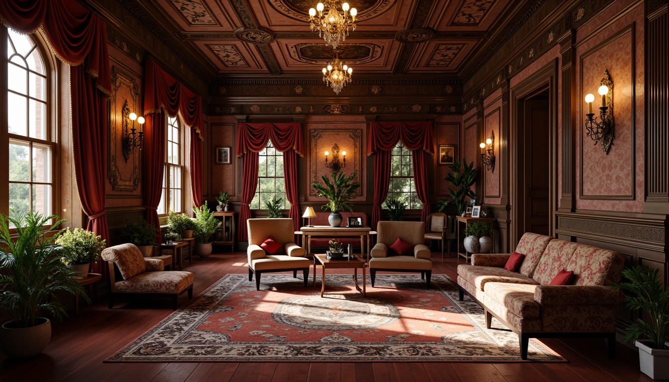 Prompt: Richly ornamented Victorian mansion, intricately patterned brick facades, ornate stone carvings, grand entranceways, lavish wood paneling, luxurious velvet drapes, gilded frames, opulent chandeliers, richly upholstered furniture, warm golden lighting, soft focus, atmospheric perspective, 1/2 composition, realistic textures, ambient occlusion.