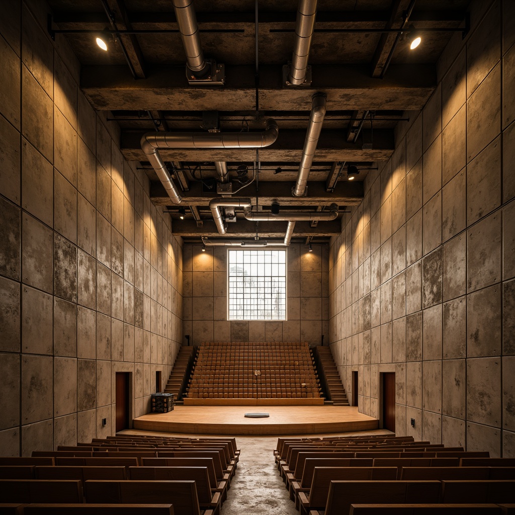 Prompt: Rough concrete walls, exposed ductwork, brutalist architecture, industrial chic, reverberant acoustics, wooden orchestra pit, tiered seating, dramatic spotlights, minimalist decor, raw metal beams, urban aesthetic, atmospheric ambiance, warm golden lighting, shallow depth of field, 2/3 composition, symmetrical framing, realistic textures, ambient occlusion.