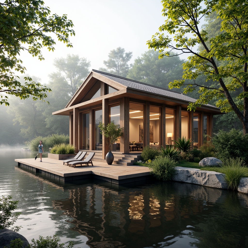 Prompt: Waterfront boathouse, Asian-inspired architecture, natural materials, wooden accents, sliding glass doors, large windows, clerestory windows, skylights, open floor plan, minimal obstructions, reflective water views, lush greenery, overhanging eaves, traditional Japanese roof tiles, natural stone foundations, serene lake scenery, misty morning atmosphere, soft warm lighting, shallow depth of field, 1/1 composition, panoramic view, realistic textures, ambient occlusion.