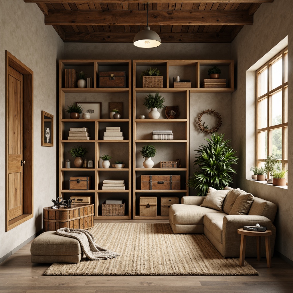 Prompt: Cozy storage room, soft warm lighting, natural wood shelves, woven baskets, minimalist metal frames, industrial-style decor, distressed wooden crates, vintage luggage racks, earthy color palette, textured fabrics, plush area rugs, functional modular furniture, adjustable shelving units, compact storage ottomans, decorative trunks, rustic wooden accents, warm beige tones, 1/1 composition, realistic textures, subtle ambient occlusion.